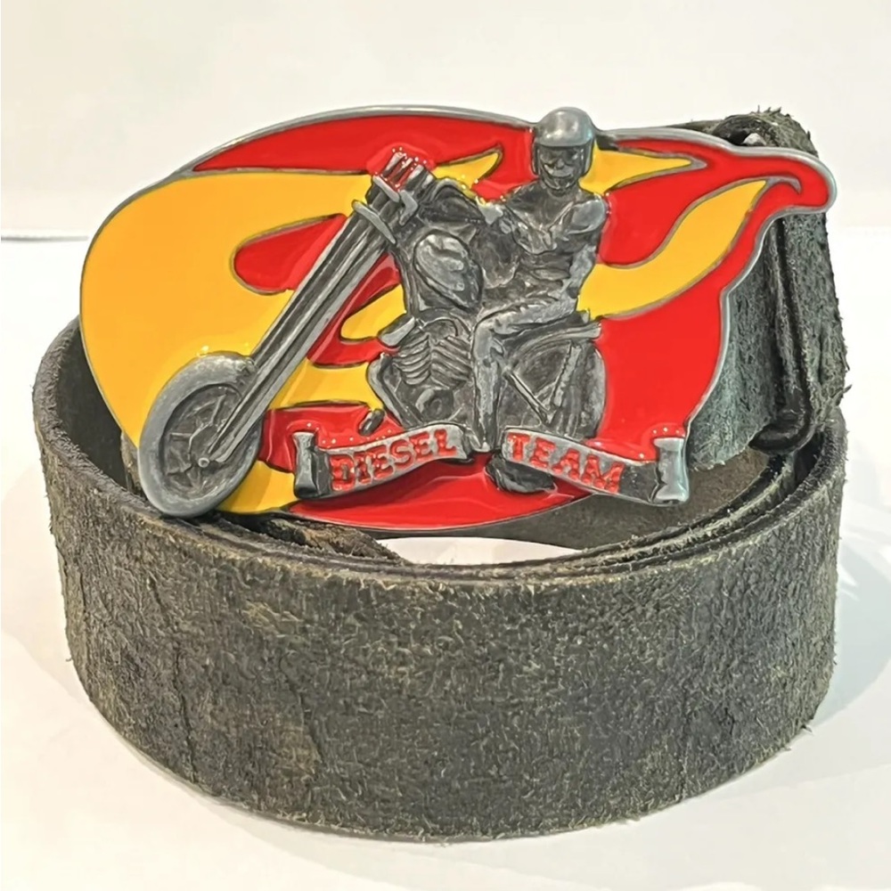 Vintage Diesel Leather Belt With Enamel Motorcycle Buckle Unisex Made In Italy